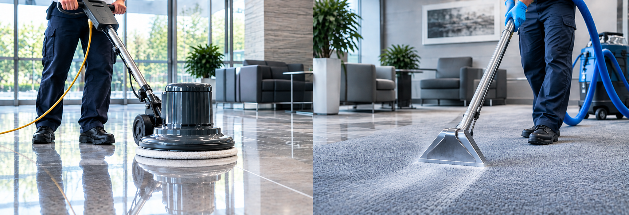 Dual-panel showing a technician using a rotary floor burnisher on marble tile alongside hot-water steam carpet extraction in a commercial lobby in Orillia