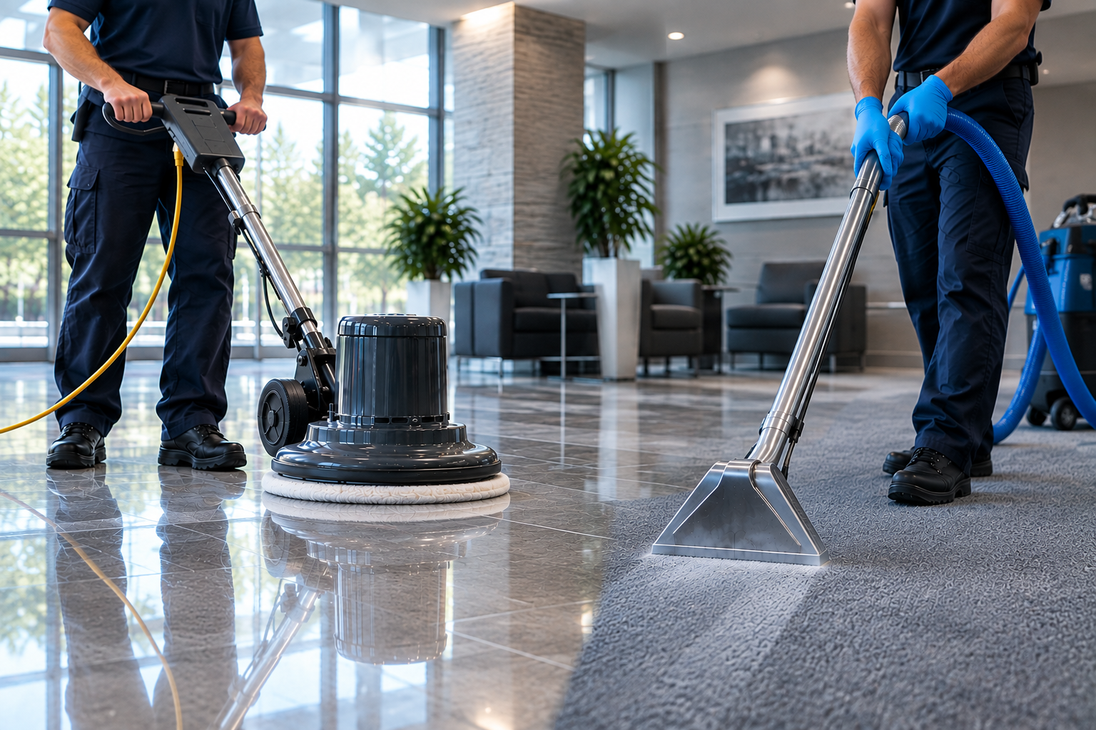 Commercial floor cleaning technician operating a high-speed floor polisher on hard tile and performing steam carpet extraction in a Barrie office building