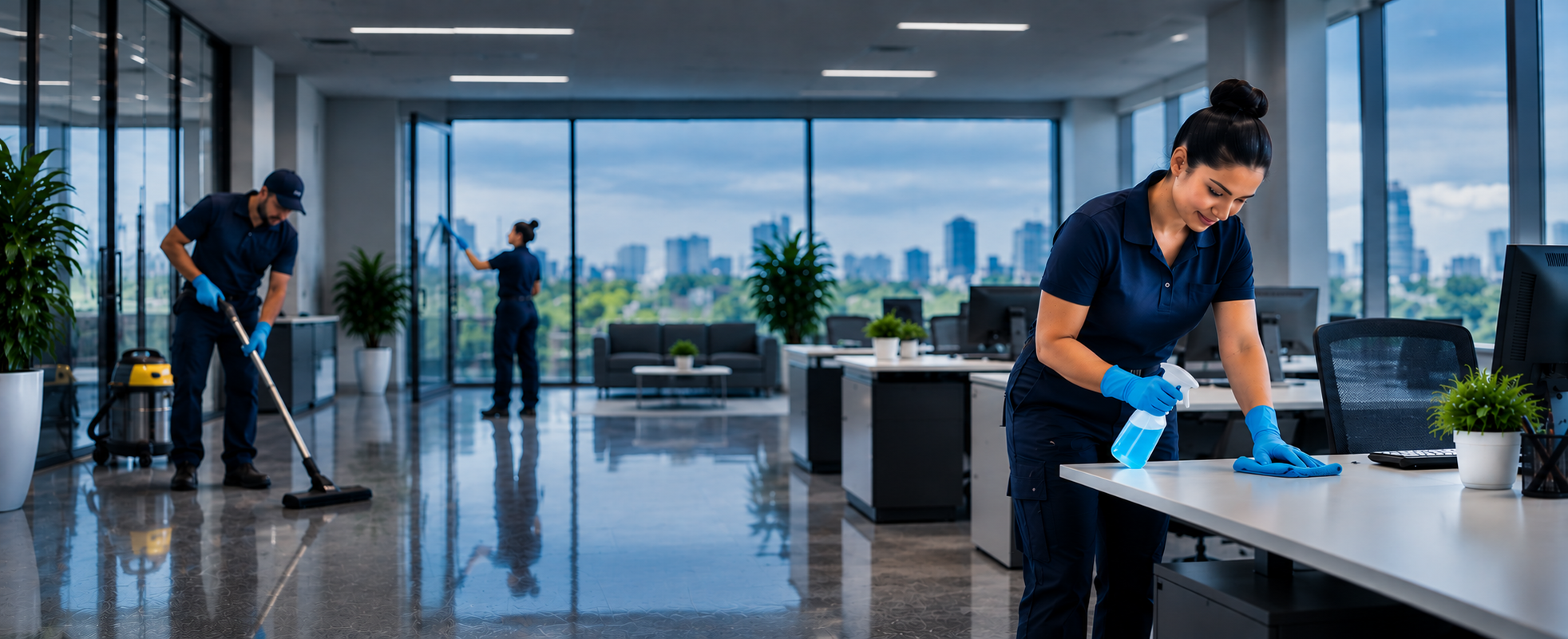 Commercial janitorial team sanitizing office desks, vacuuming hard floors, and cleaning glass partitions in a downtown Toronto office building