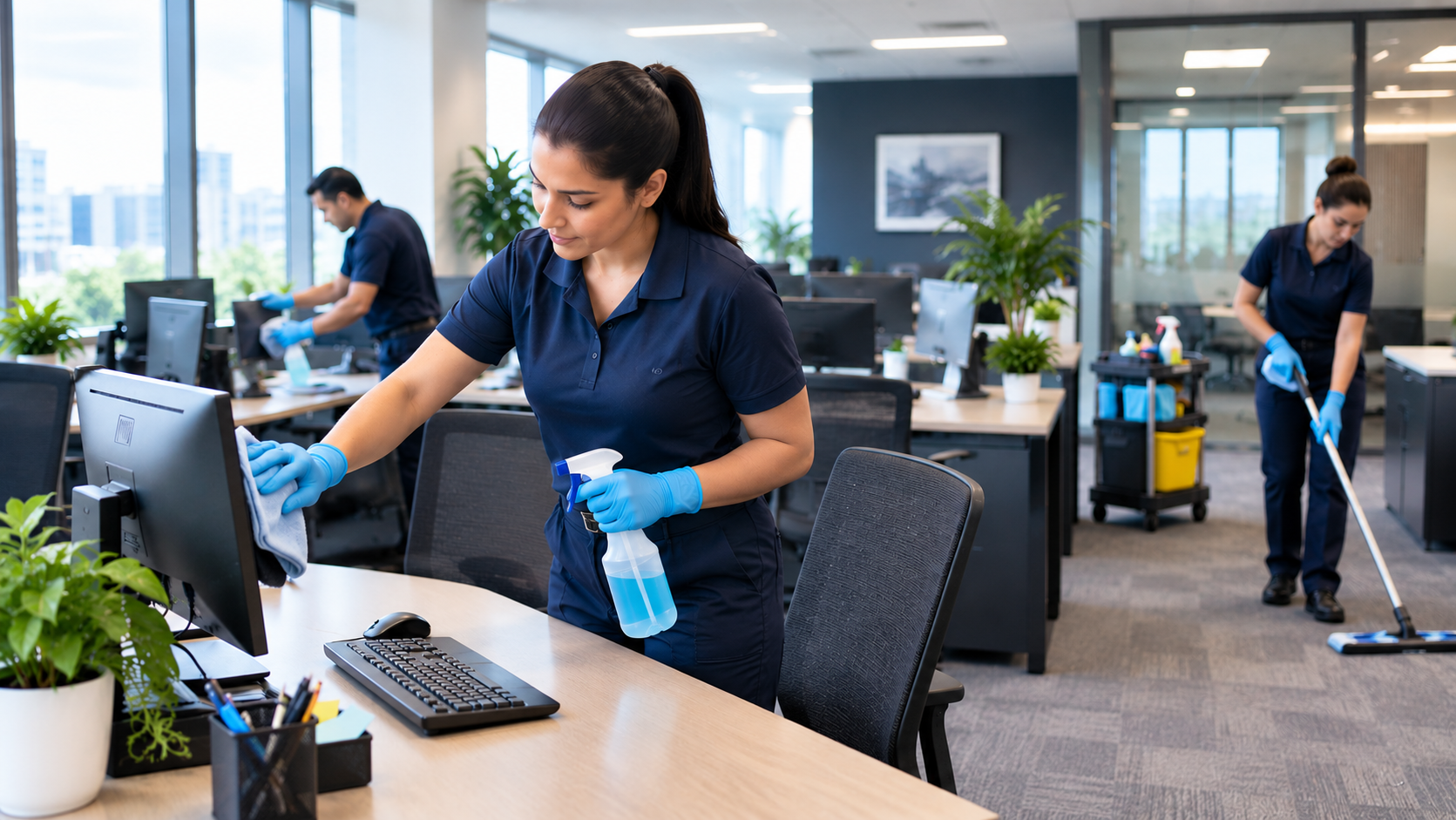 Professional janitorial crew cleaning computer monitors, wiping office desks, and vacuuming carpets in a corporate workplace in Newmarket
