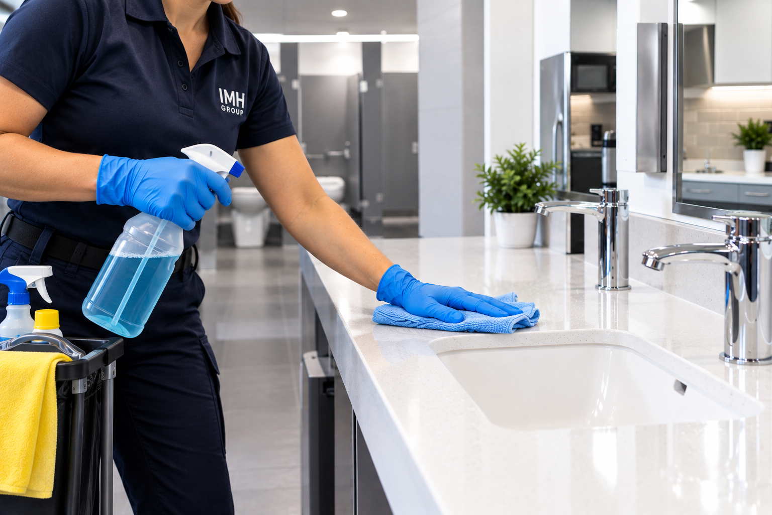 Janitorial crew performing high-touch surface disinfection and sanitization in a commercial restroom and employee breakroom in Toronto