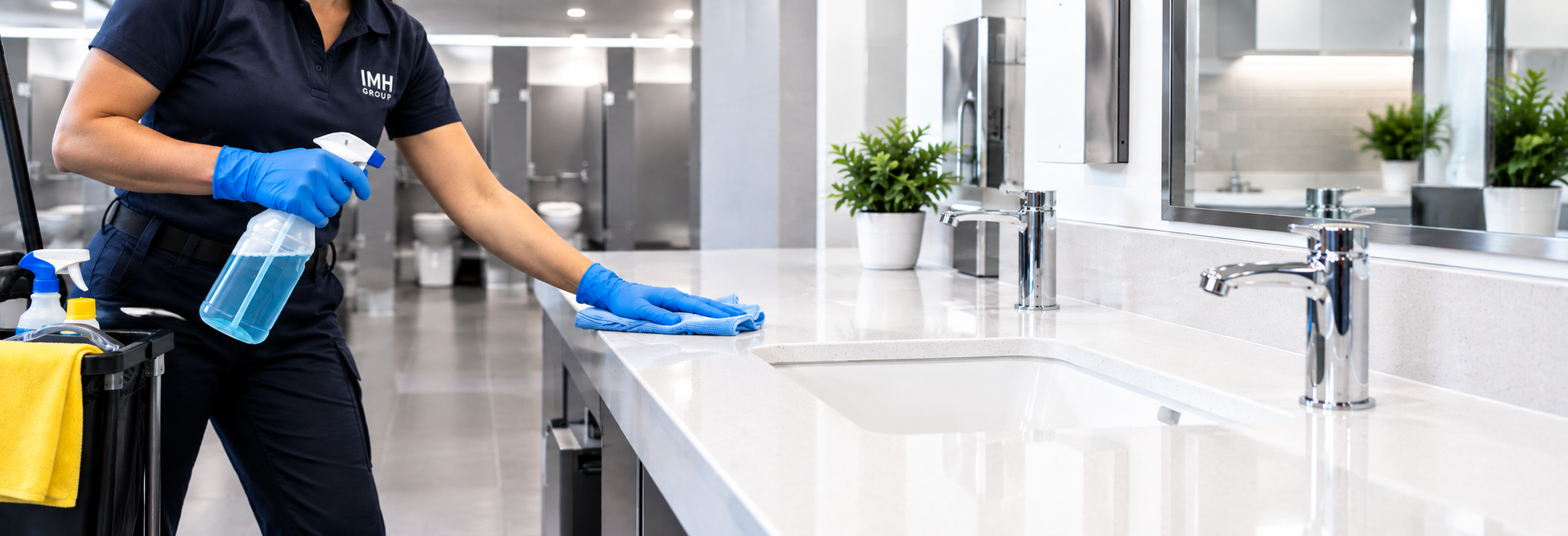 Commercial janitorial cleaner wiping down restroom sink counter with disinfectant spray and microfiber cloth in Brampton