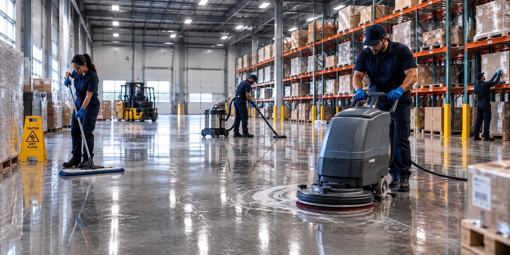 Professional industrial cleaner high-dusting exposed structural beams, ceiling pipes, and light fixtures in a Toronto manufacturing plant