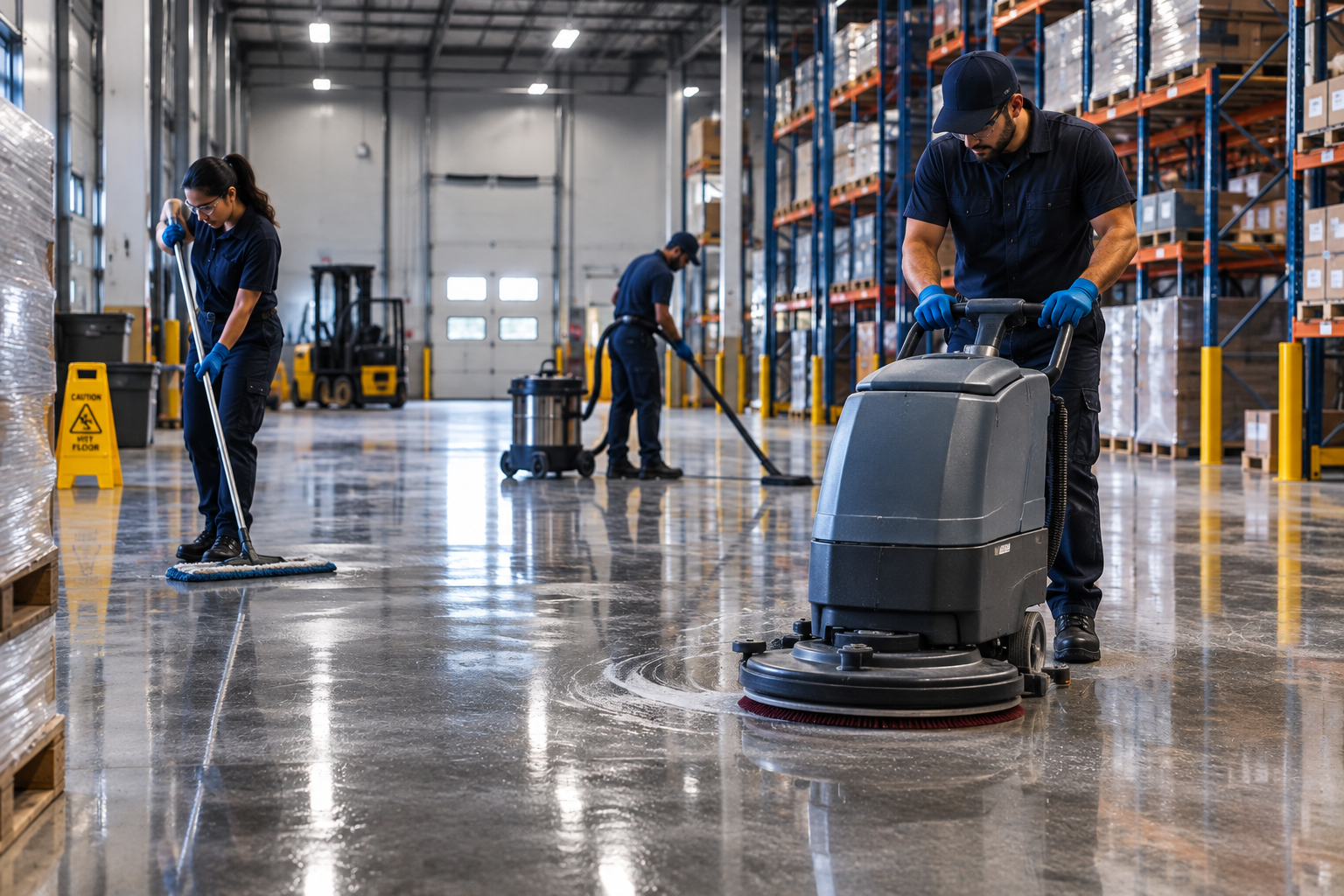 Commercial janitorial technician operating an industrial auto-scrubber to clean high-traffic concrete floors in a distribution facility in Vaughan