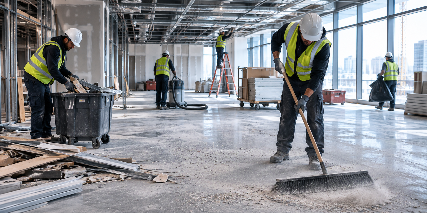 Commercial post-construction cleaner scraping paint overspray from glass partitions and wiping window frames in a Newmarket facility prior to client occupancy
